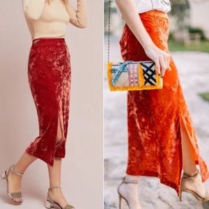 Maeve Anthro orange crushed velvet slit skirt